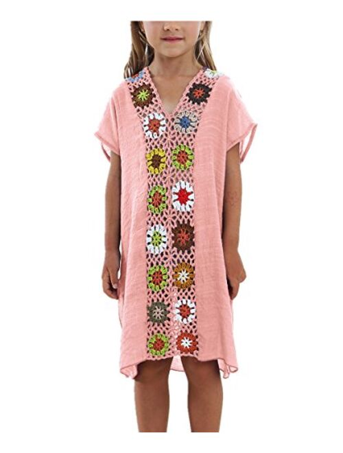 KIDVOVOU Kids Girls Swimsuit Beach Cover-up Crochet V-Neck Swim Dress