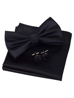 GUSLESON Mens Solid Color Double Fold Pre-tied Bow Tie and Pocket Square Cufflink Set with Gift Box