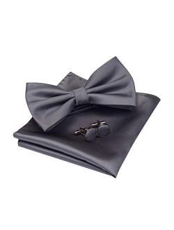 GUSLESON Mens Solid Color Double Fold Pre-tied Bow Tie and Pocket Square Cufflink Set with Gift Box