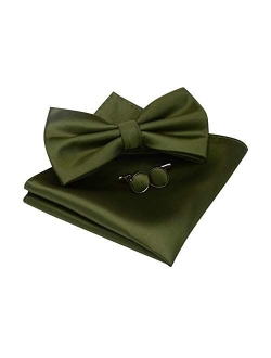 GUSLESON Mens Solid Color Double Fold Pre-tied Bow Tie and Pocket Square Cufflink Set with Gift Box