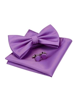 GUSLESON Mens Solid Color Double Fold Pre-tied Bow Tie and Pocket Square Cufflink Set with Gift Box