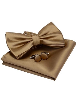 GUSLESON Mens Solid Color Double Fold Pre-tied Bow Tie and Pocket Square Cufflink Set with Gift Box