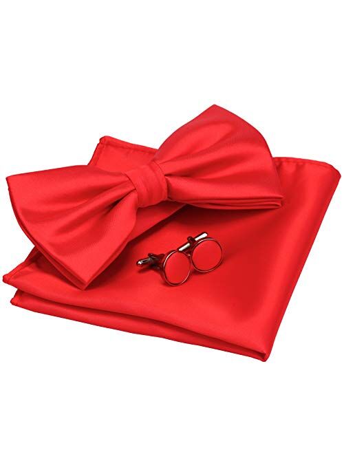 GUSLESON Mens Solid Color Double Fold Pre-tied Bow Tie and Pocket Square Cufflink Set with Gift Box