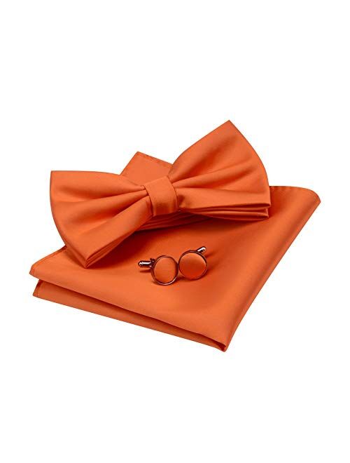 GUSLESON Mens Solid Color Double Fold Pre-tied Bow Tie and Pocket Square Cufflink Set with Gift Box