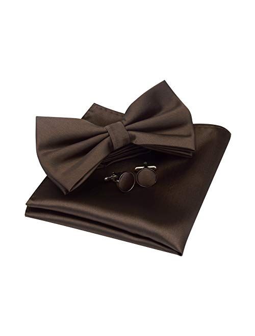 GUSLESON Mens Solid Color Double Fold Pre-tied Bow Tie and Pocket Square Cufflink Set with Gift Box