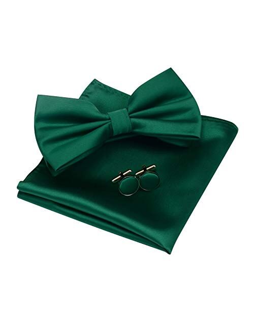 GUSLESON Mens Solid Color Double Fold Pre-tied Bow Tie and Pocket Square Cufflink Set with Gift Box