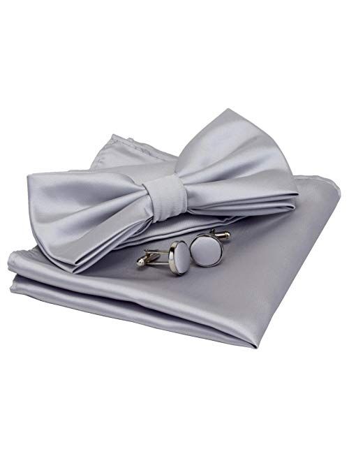 GUSLESON Mens Solid Color Double Fold Pre-tied Bow Tie and Pocket Square Cufflink Set with Gift Box