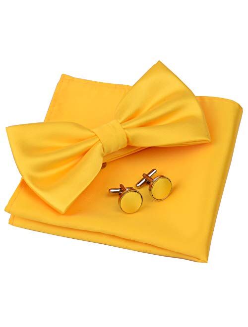 GUSLESON Mens Solid Color Double Fold Pre-tied Bow Tie and Pocket Square Cufflink Set with Gift Box