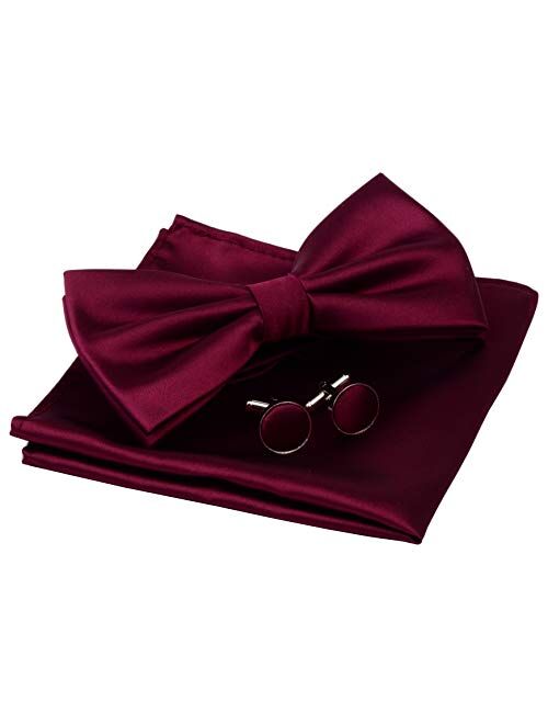 GUSLESON Mens Solid Color Double Fold Pre-tied Bow Tie and Pocket Square Cufflink Set with Gift Box