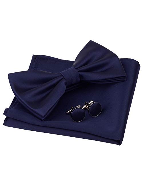 GUSLESON Mens Solid Color Double Fold Pre-tied Bow Tie and Pocket Square Cufflink Set with Gift Box