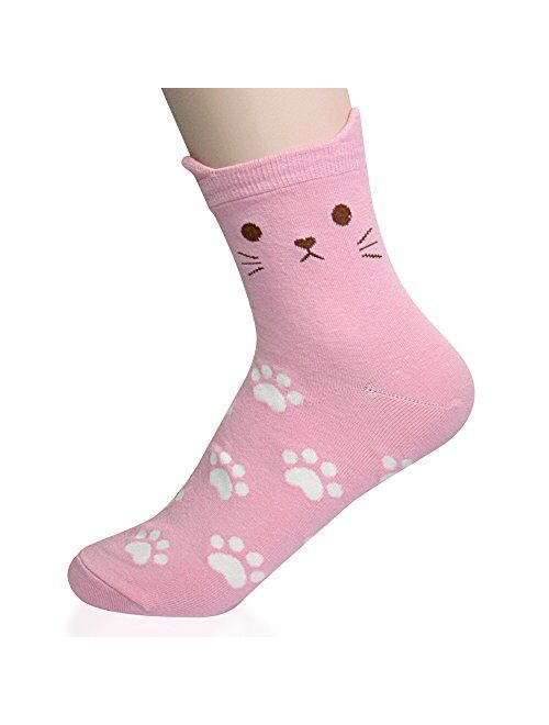 KONY Women's Girls Cute Animal Designed Funny Novelty Crew Socks, Cat Dog Owl Panda Pattern Gift Ideas Size 6-9