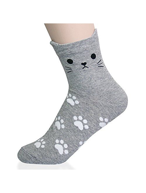 KONY Women's Girls Cute Animal Designed Funny Novelty Crew Socks, Cat Dog Owl Panda Pattern Gift Ideas Size 6-9