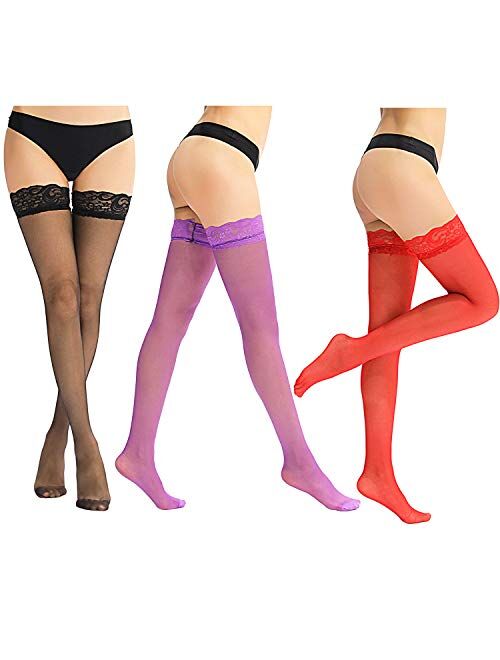 6 Pairs Thick Thigh Highs Lace Stockings Top Stockings Women's Sheer