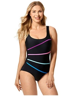 Women's Striped One Piece Swimsuit Plus Size Swimwear Modest Bathing Suits