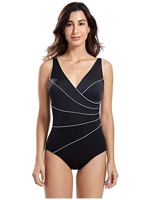 DELIMIRA Women's Slimming Swimwear One Piece Piped Swimsuit Plus Size Bathing Suit