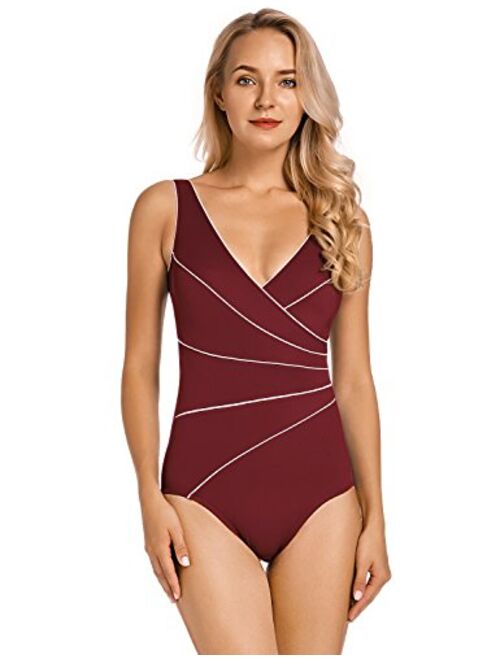 DELIMIRA Women's Slimming Swimwear One Piece Piped Swimsuit Plus Size Bathing Suit