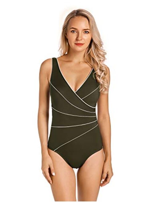 DELIMIRA Women's Slimming Swimwear One Piece Piped Swimsuit Plus Size Bathing Suit