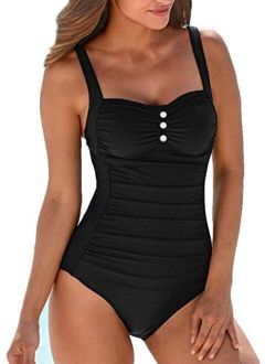 Upopby Women's Retro Tummy Control One Piece Swimsuits Monokini Push Up Bathing Suits Swimwear