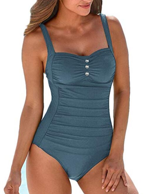 Upopby Women's Retro Tummy Control One Piece Swimsuits Monokini Push Up Bathing Suits Swimwear