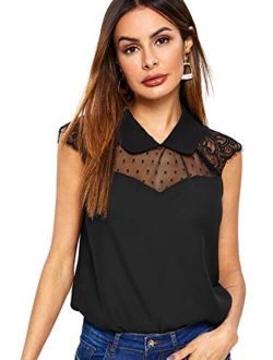 Women's Contrast Mesh Lace Sleeveless Peter Pan Collar Blouse Shirt Top