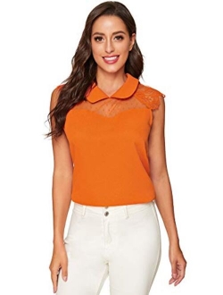 Women's Contrast Mesh Lace Sleeveless Peter Pan Collar Blouse Shirt Top