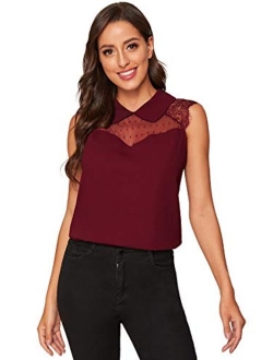 Women's Contrast Mesh Lace Sleeveless Peter Pan Collar Blouse Shirt Top