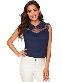 Women's Contrast Mesh Lace Sleeveless Peter Pan Collar Blouse Shirt Top