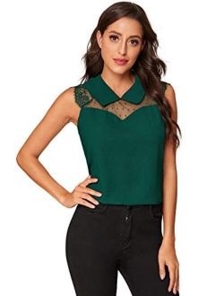 Women's Contrast Mesh Lace Sleeveless Peter Pan Collar Blouse Shirt Top