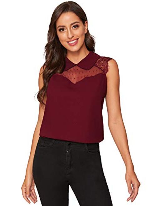 Verdusa Women's Contrast Mesh Lace Sleeveless Peter Pan Collar Blouse Shirt Top