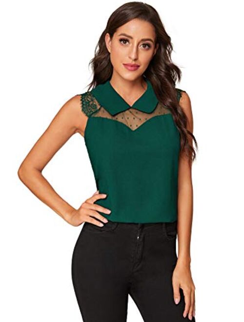 Verdusa Women's Contrast Mesh Lace Sleeveless Peter Pan Collar Blouse Shirt Top