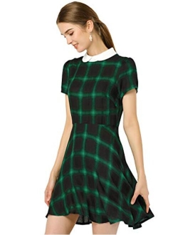 Women's Plaids Contrast Peter Pan Collar Puff Sleeves Flare Dress