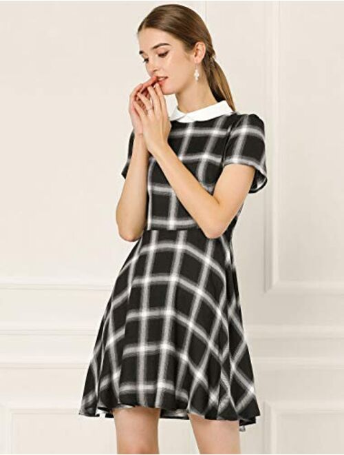 Allegra K Women's Plaids Contrast Peter Pan Collar Puff Sleeves Flare Dress