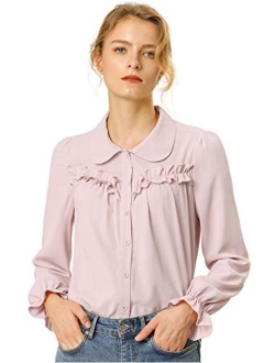 Women's Button Down Long Sleeve Peter Pan Collar Ruffled Shirt