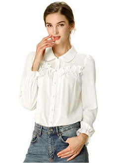 Women's Button Down Long Sleeve Peter Pan Collar Ruffled Shirt