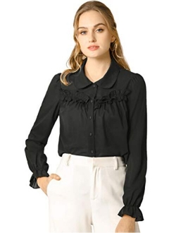 Women's Button Down Long Sleeve Peter Pan Collar Ruffled Shirt