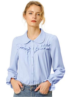 Women's Button Down Long Sleeve Peter Pan Collar Ruffled Shirt