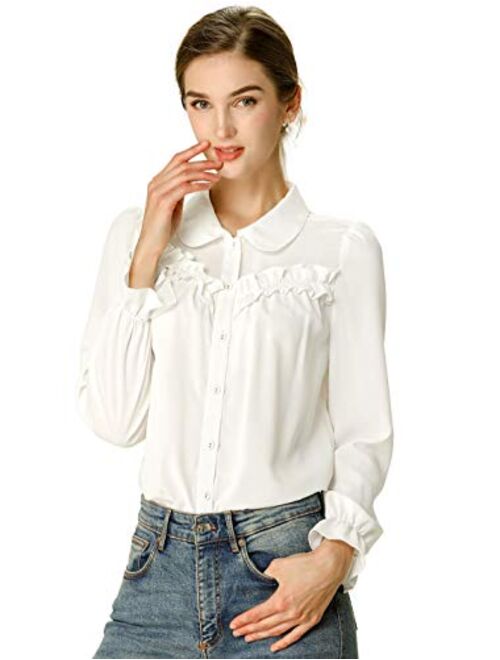 Allegra K Women's Button Down Long Sleeve Peter Pan Collar Ruffled Shirt