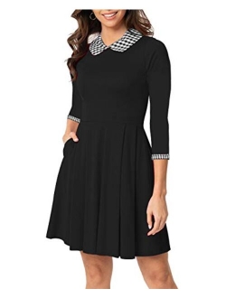 OKLICH Women's Elegant Plaid Peter Pan Collar Short Sleeve Flare Dress with Pockets