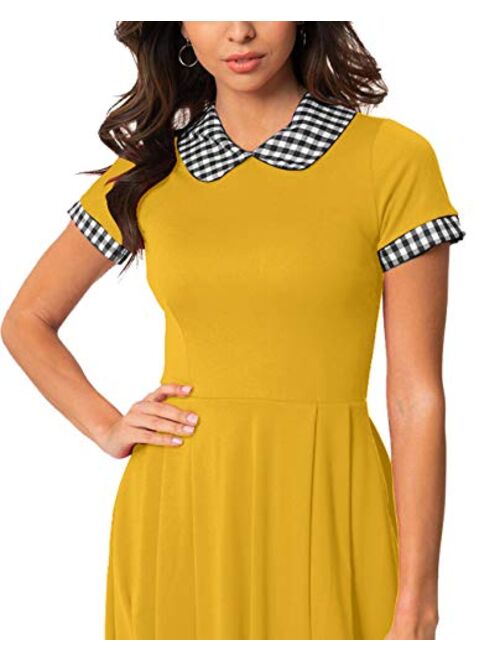 OKLICH Women's Elegant Plaid Peter Pan Collar Short Sleeve Flare Dress with Pockets