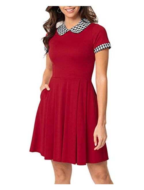 OKLICH Women's Elegant Plaid Peter Pan Collar Short Sleeve Flare Dress with Pockets