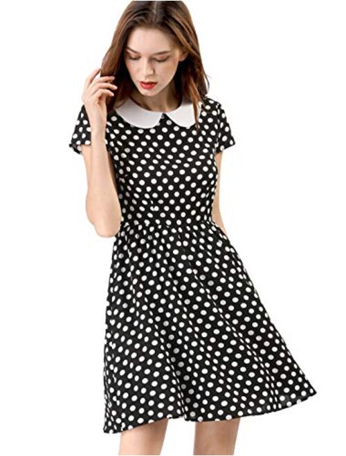 Allegra K Women's Peter Pan Collar Above Knee Contrast Polka Dots Dress