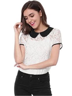 Women's Peter Pan Collar Short Sleeve Tops Sheer Lace Top