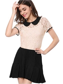 Women's Peter Pan Collar Short Sleeve Tops Sheer Lace Top