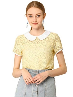 Women's Peter Pan Collar Short Sleeve Tops Sheer Lace Top