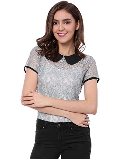 Allegra K Women's Peter Pan Collar Short Sleeve Tops Sheer Lace Top