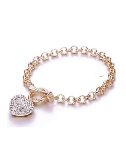 PJ Heart Crystal Charm Bracelet for Women Girls - High Polished Trendy Love Heart-Shaped Link Chain Charms Bracelets Jewelry, Toggle Clasp