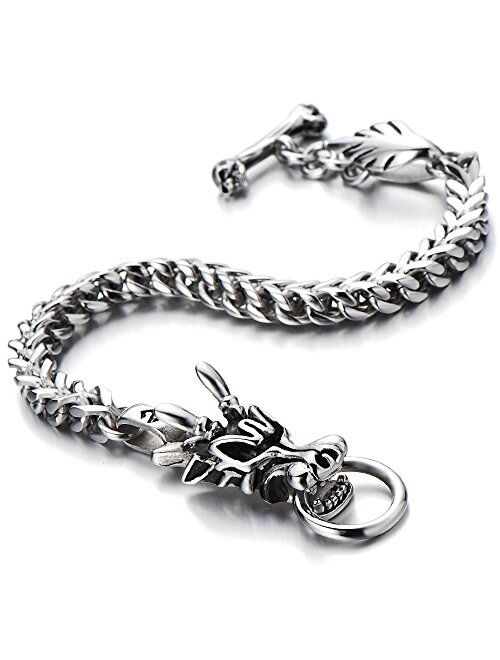 COOLSTEELANDBEYOND Mens Biker Stainless Steel Dragon Curb Chain Bracelet Toggle Clasp Gothic Style 8.9 Inches