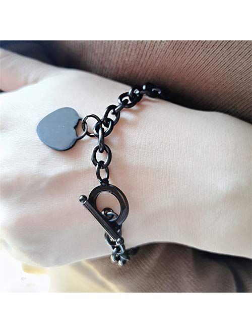 WangGao Elegent Love Stainless Steel Link Chain Blank Heart Charms Bracelet for Women 8.26'' Length Toggle Clasp Closure