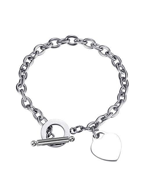 WangGao Elegent Love Stainless Steel Link Chain Blank Heart Charms Bracelet for Women 8.26'' Length Toggle Clasp Closure