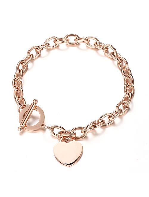 WangGao Elegent Love Stainless Steel Link Chain Blank Heart Charms Bracelet for Women 8.26'' Length Toggle Clasp Closure